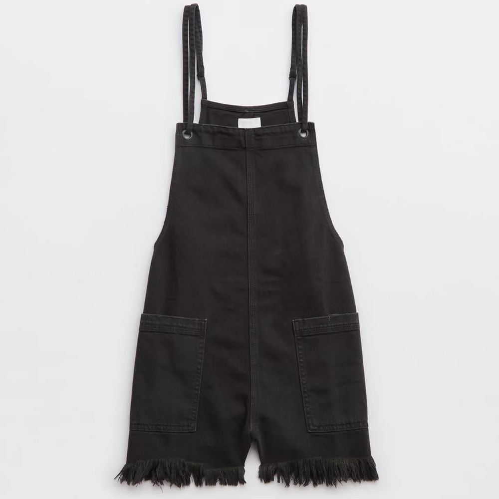 NWT Aerie Black Denim Double Strap Shortall Overalls medium